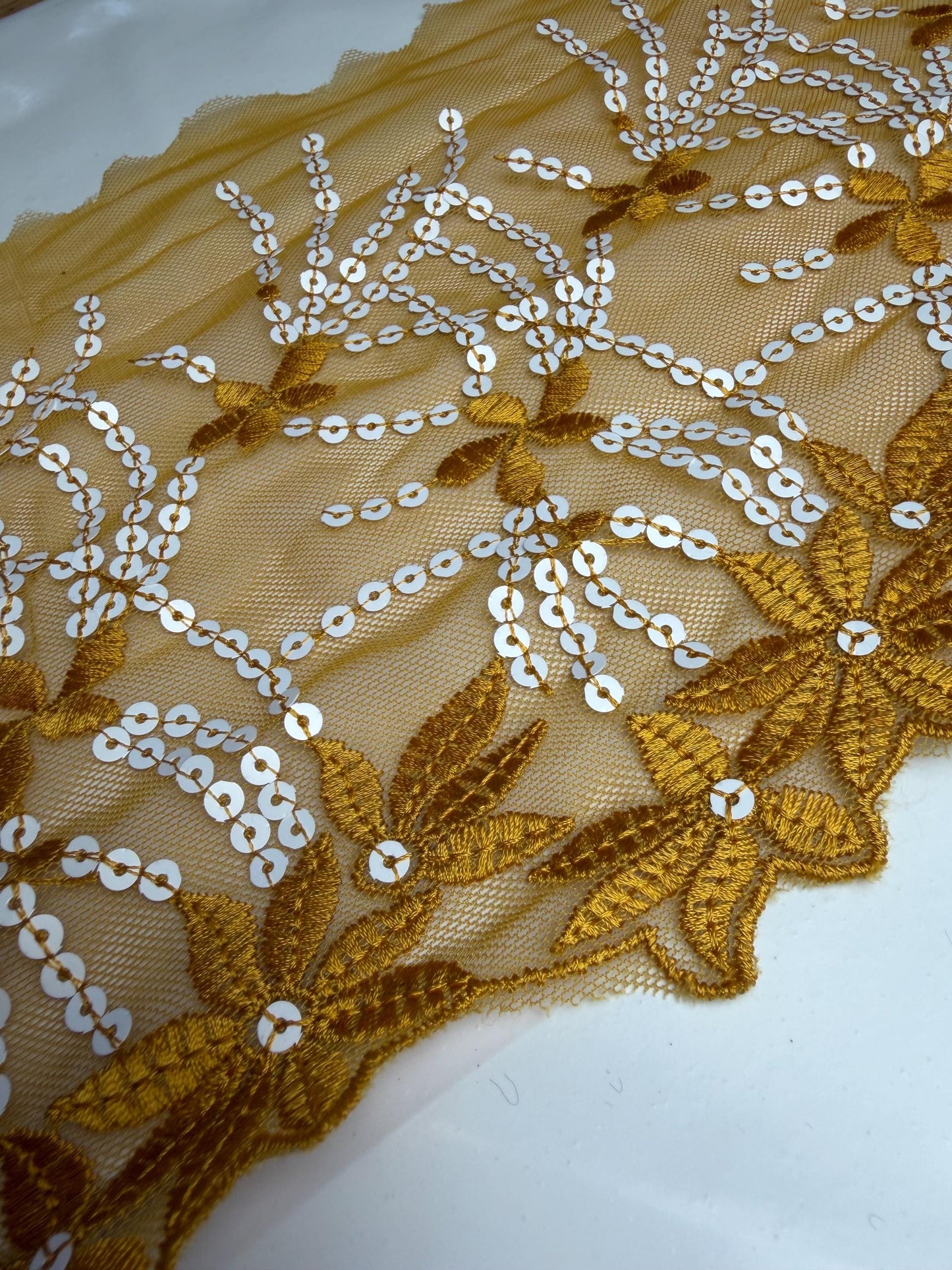 8” Wide Sequins Mustard White Sequin Lace, Border Lace, Edgeing lace