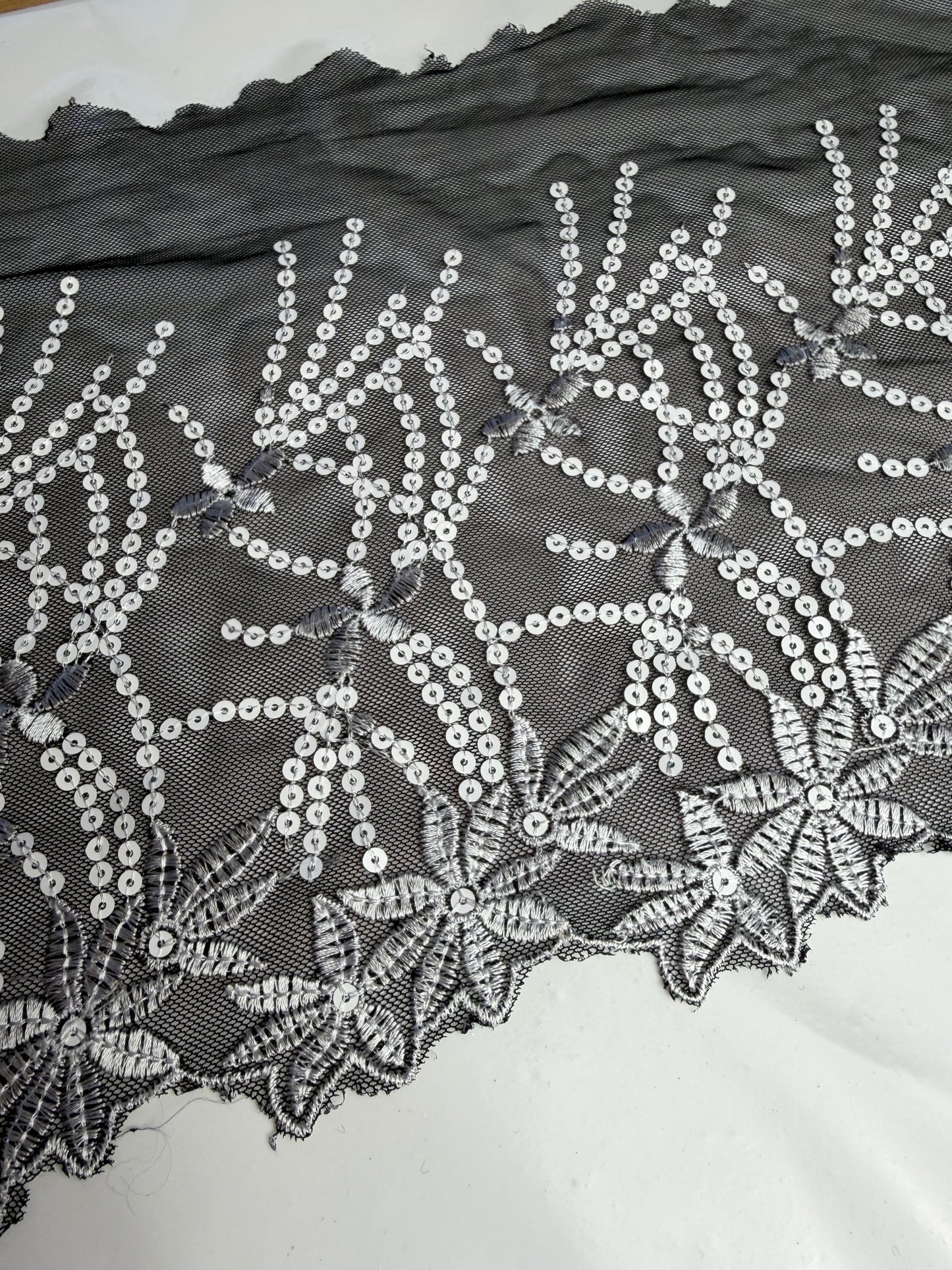 11” Wide Sequins Black White Sequin Lace, Border Lace, Edgeing lace