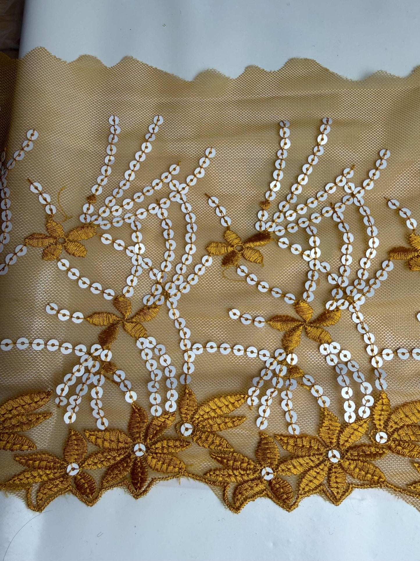 8” Wide Sequins Mustard White Sequin Lace, Border Lace, Edgeing lace