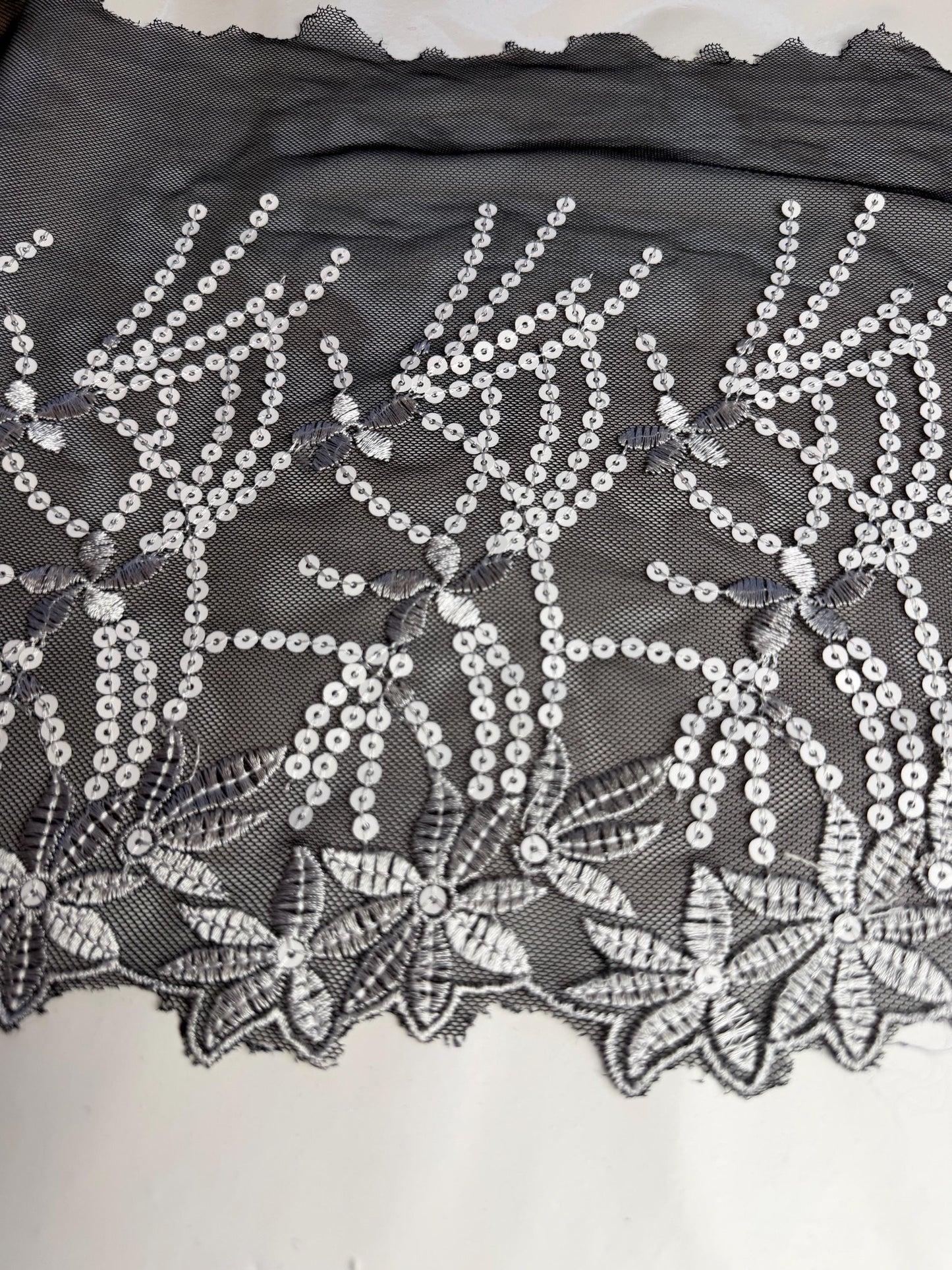 11” Wide Sequins Black White Sequin Lace, Border Lace, Edgeing lace