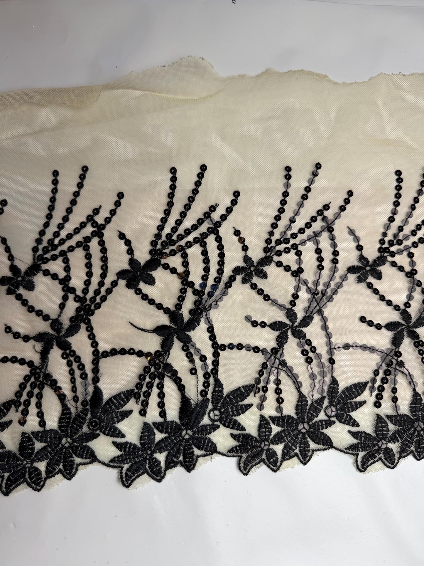 11” Wide Sequins Cream Black Sequin Lace, Border Lace, Edgeing lace