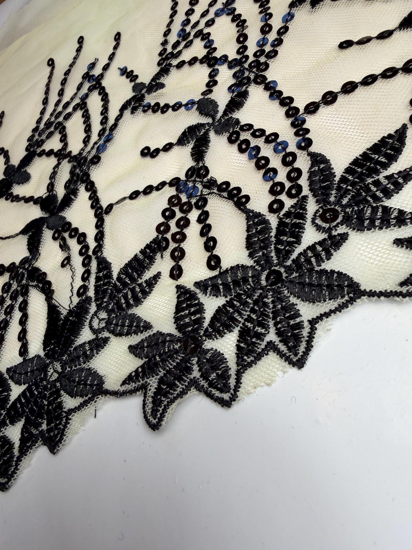 11” Wide Sequins Cream Black Sequin Lace, Border Lace, Edgeing lace