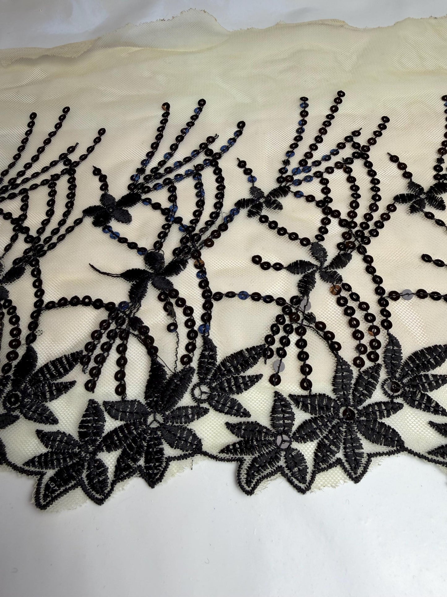 11” Wide Sequins Cream Black Sequin Lace, Border Lace, Edgeing lace