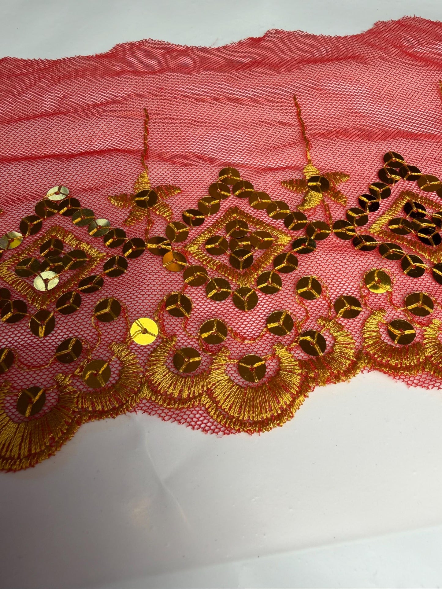 6” Wide Sequins Red Gold Sequin Lace, Border Lace, Edgeing lace