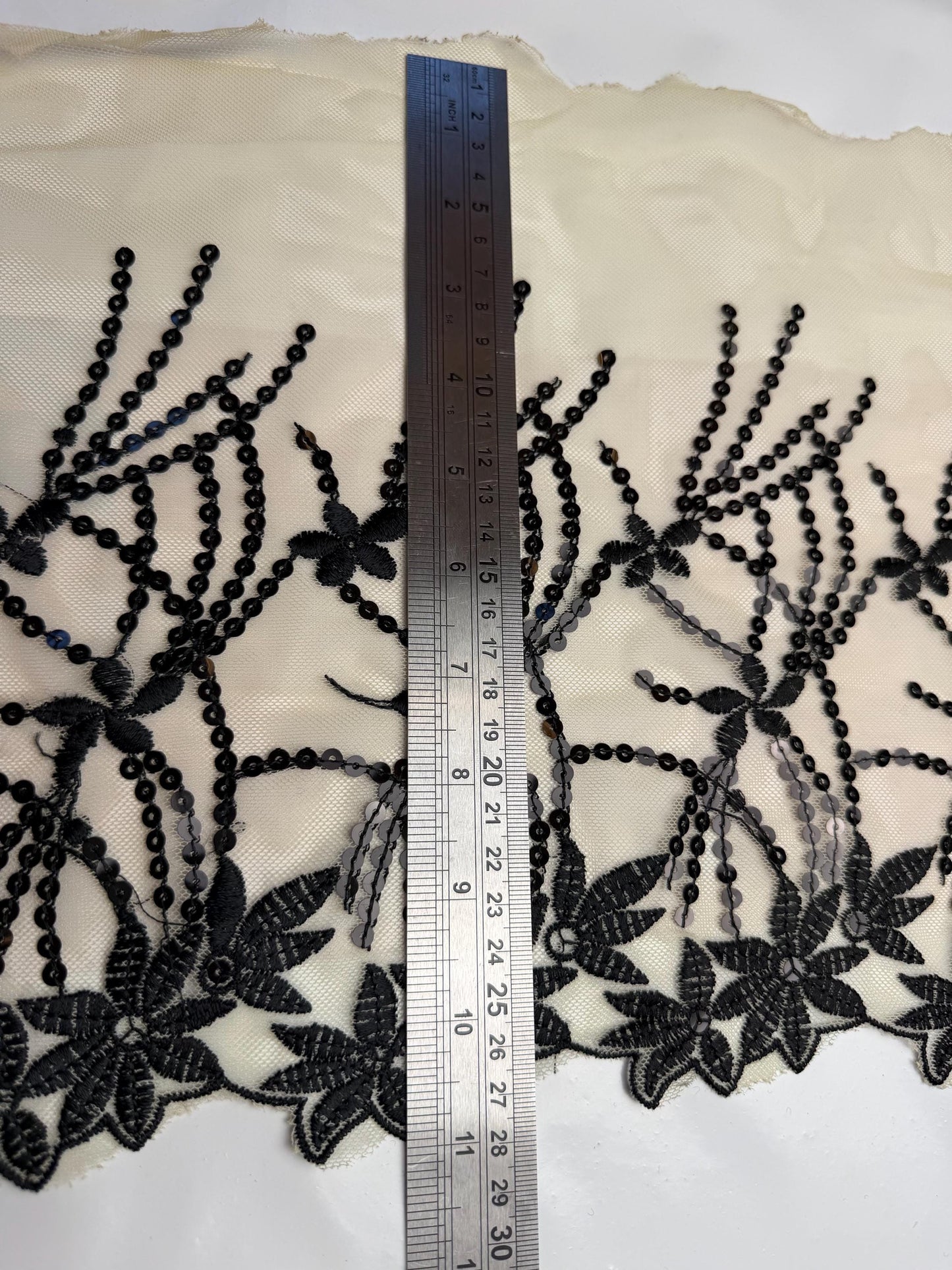11” Wide Sequins Cream Black Sequin Lace, Border Lace, Edgeing lace