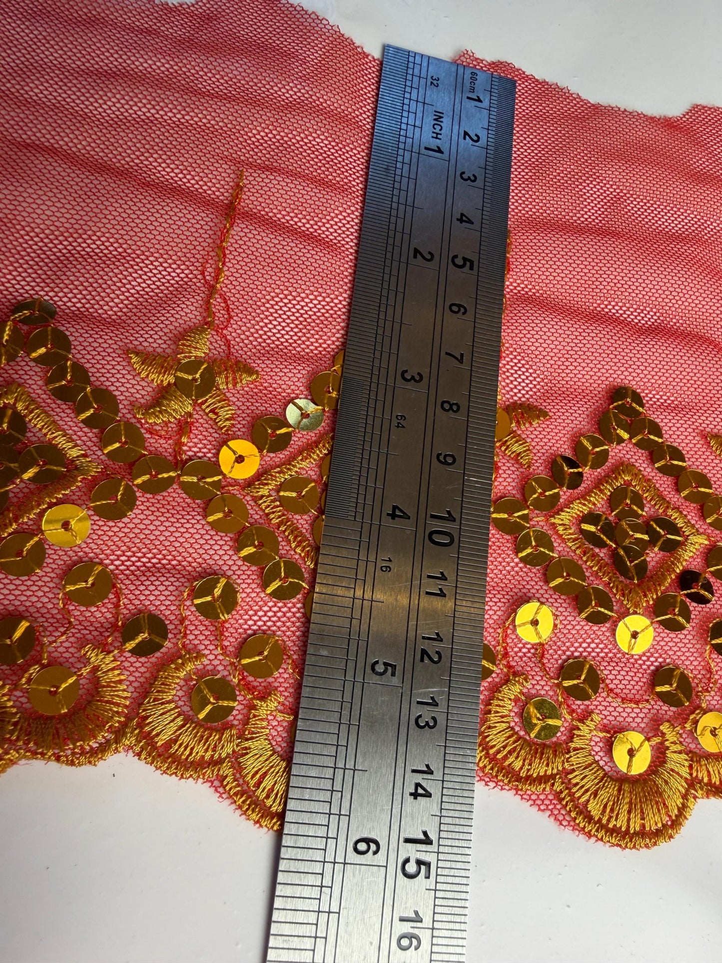 6” Wide Sequins Red Gold Sequin Lace, Border Lace, Edgeing lace