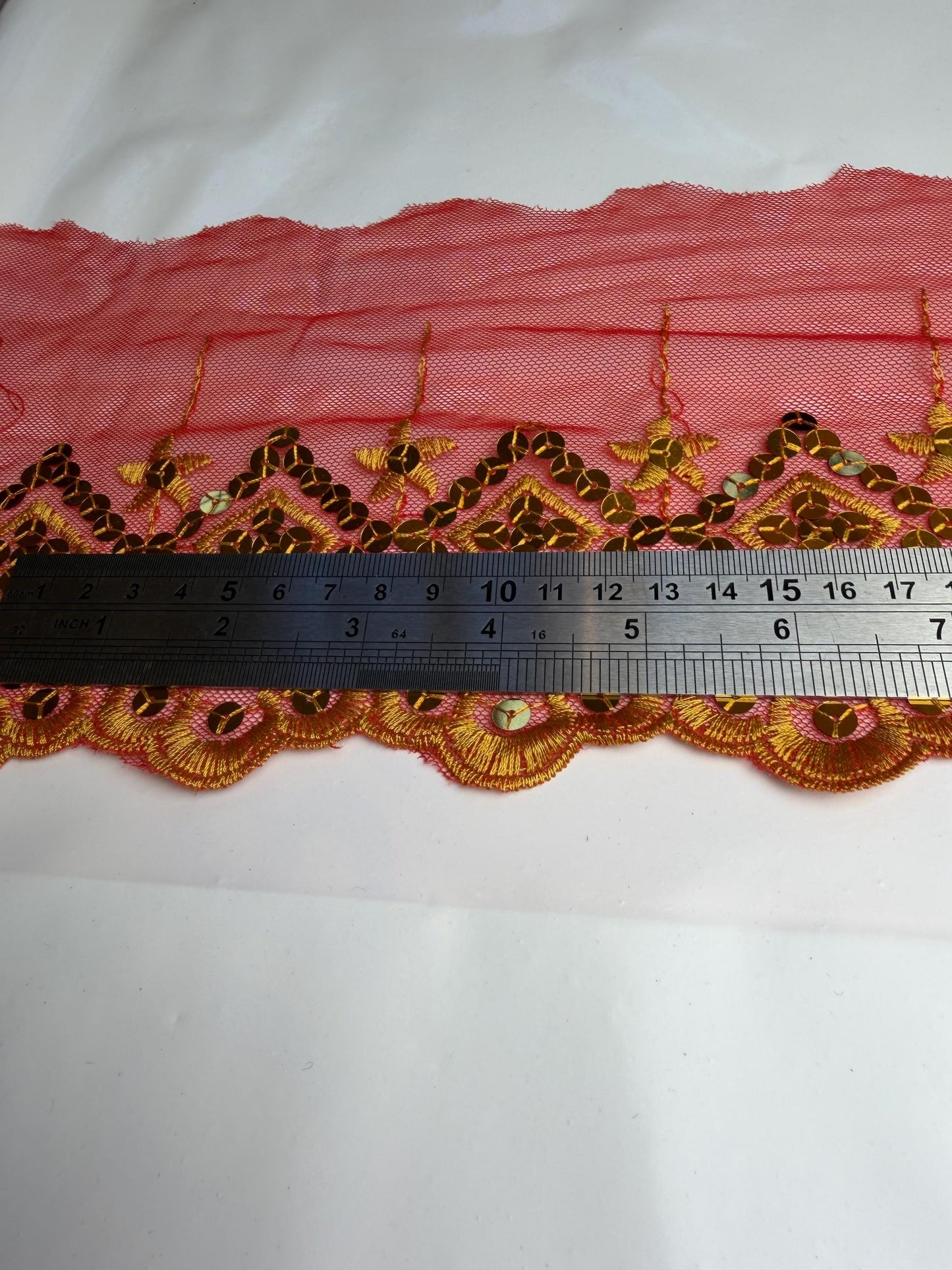 6” Wide Sequins Red Gold Sequin Lace, Border Lace, Edgeing lace