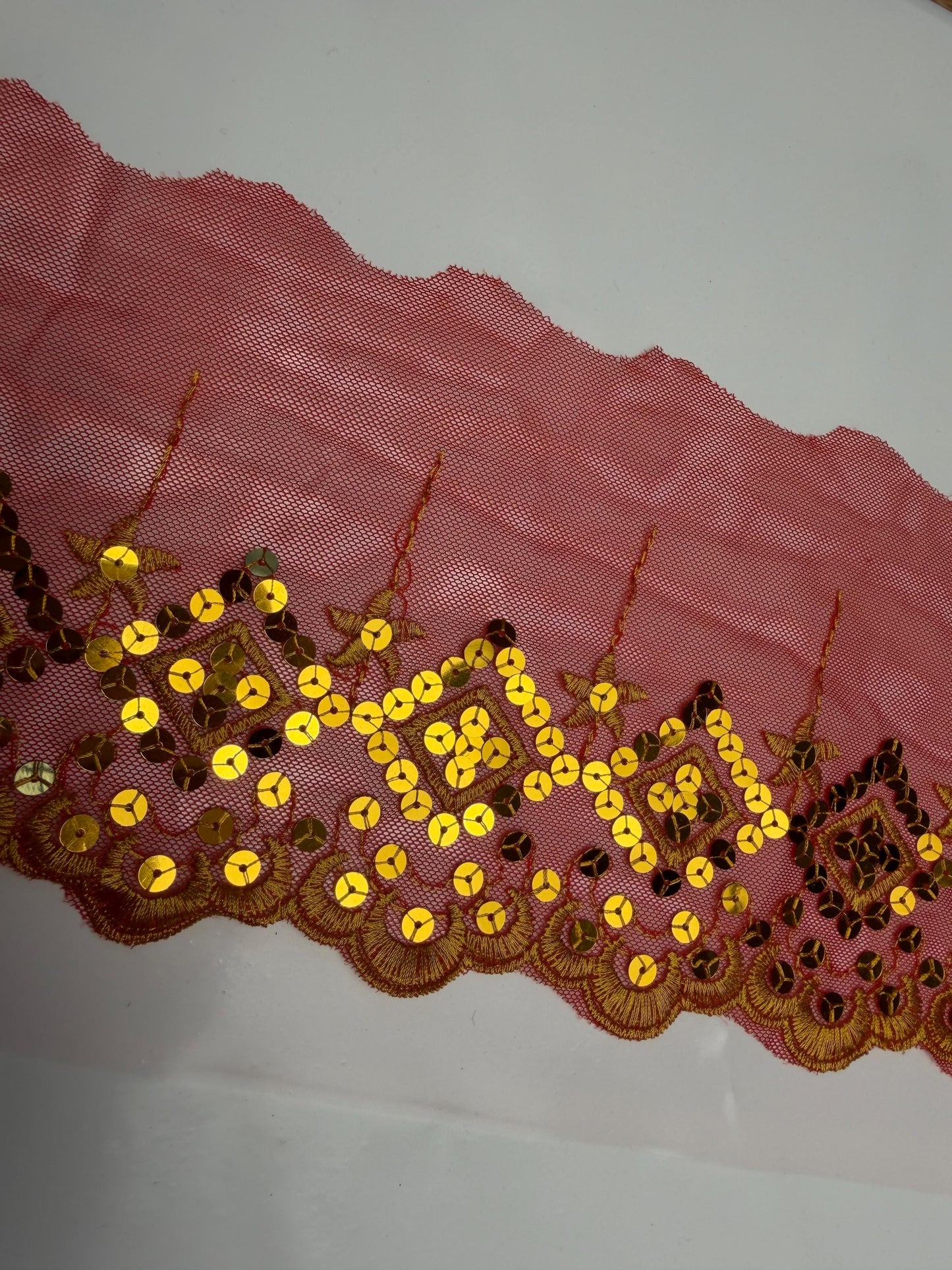 6” Wide Sequins Red Gold Sequin Lace, Border Lace, Edgeing lace