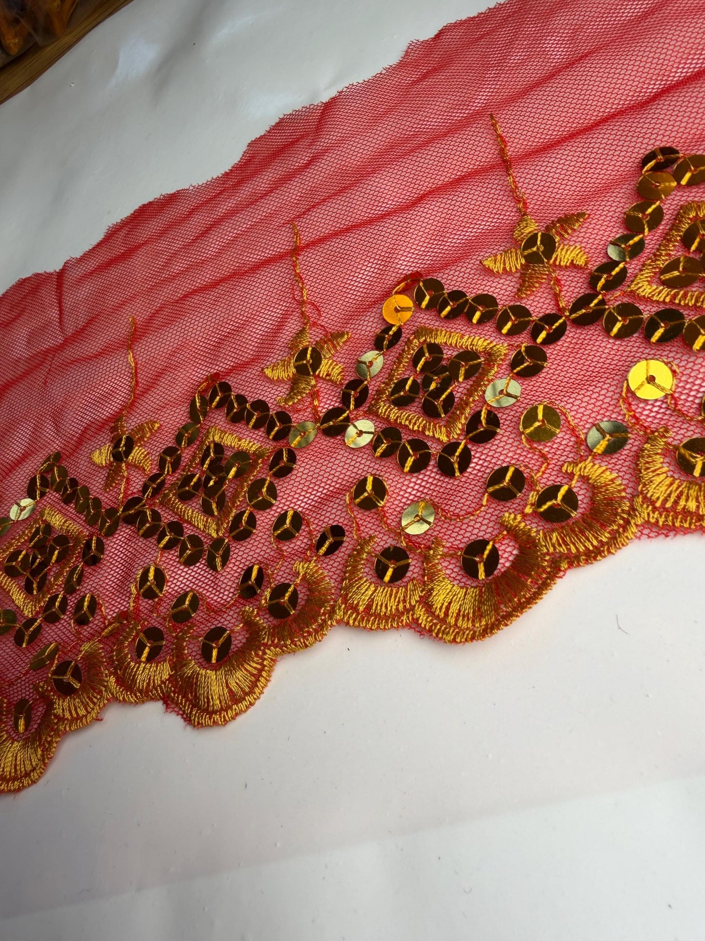6” Wide Sequins Red Gold Sequin Lace, Border Lace, Edgeing lace