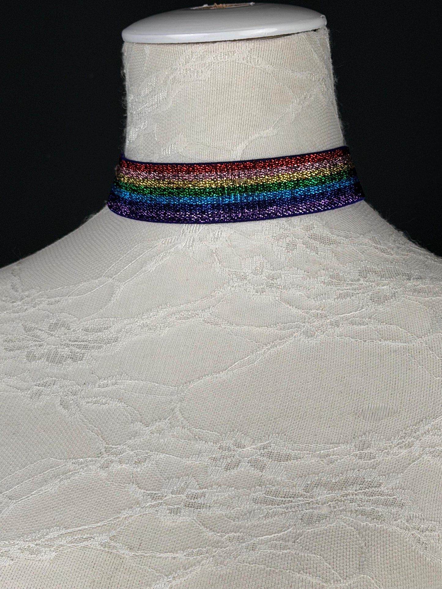 Rainbow Lurex Choker Necklace, 3/4" Wide, Stretchy Woven, Gold or Silver Hardware