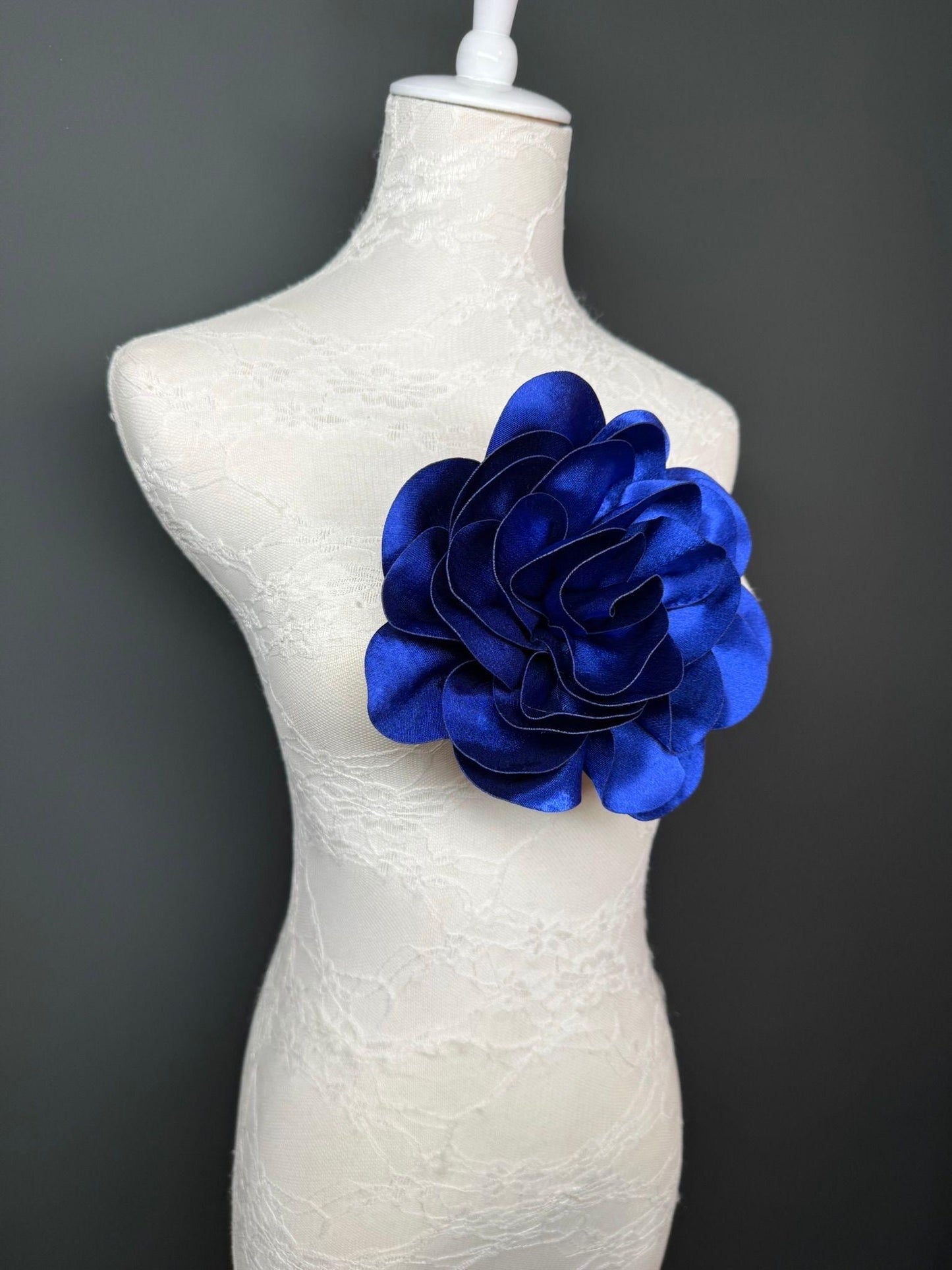 Large 3D Corsage Flower, Luxurious Satin Fabric, 12 Colours, 20cm, 8” Wide, Pin on, Bridal, Dress, Hair, Wedding, Race Day, Royal Blue