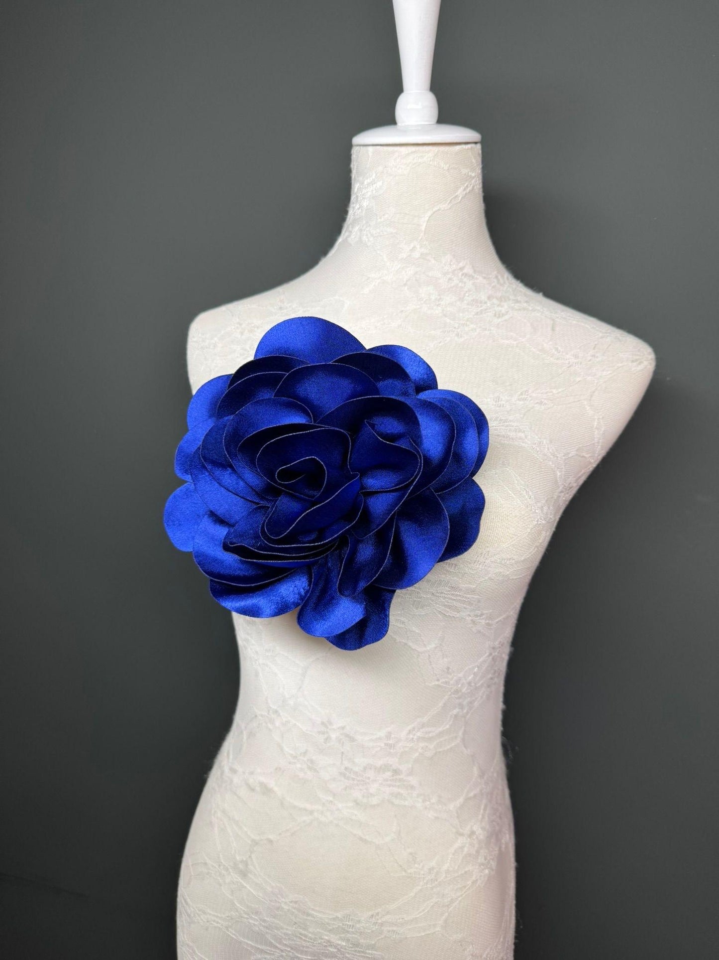 Large 3D Corsage Flower, Luxurious Satin Fabric, 12 Colours, 20cm, 8” Wide, Pin on, Bridal, Dress, Hair, Wedding, Race Day, Royal Blue