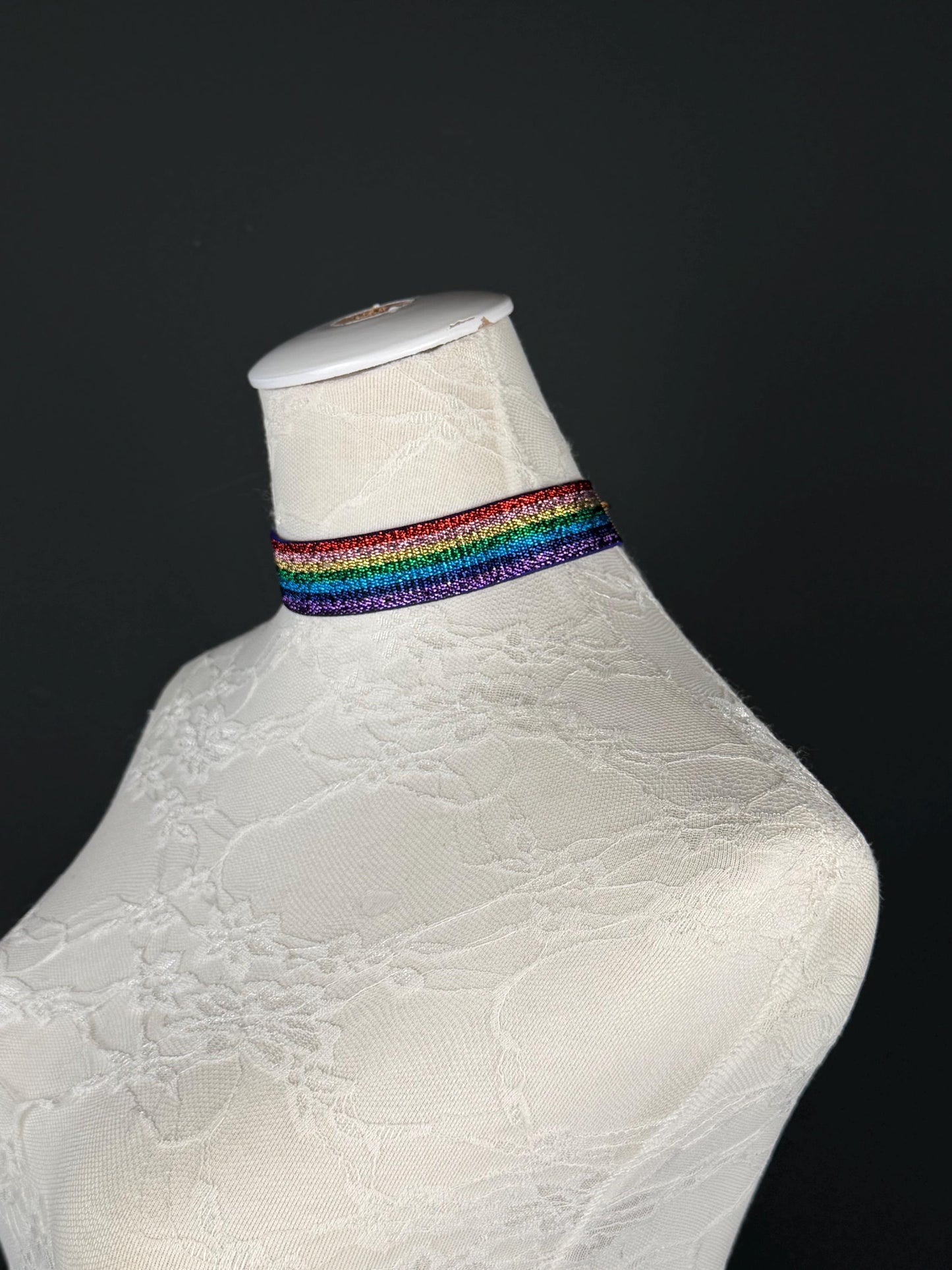 Rainbow Lurex Choker Necklace, 3/4" Wide, Stretchy Woven, Gold or Silver Hardware