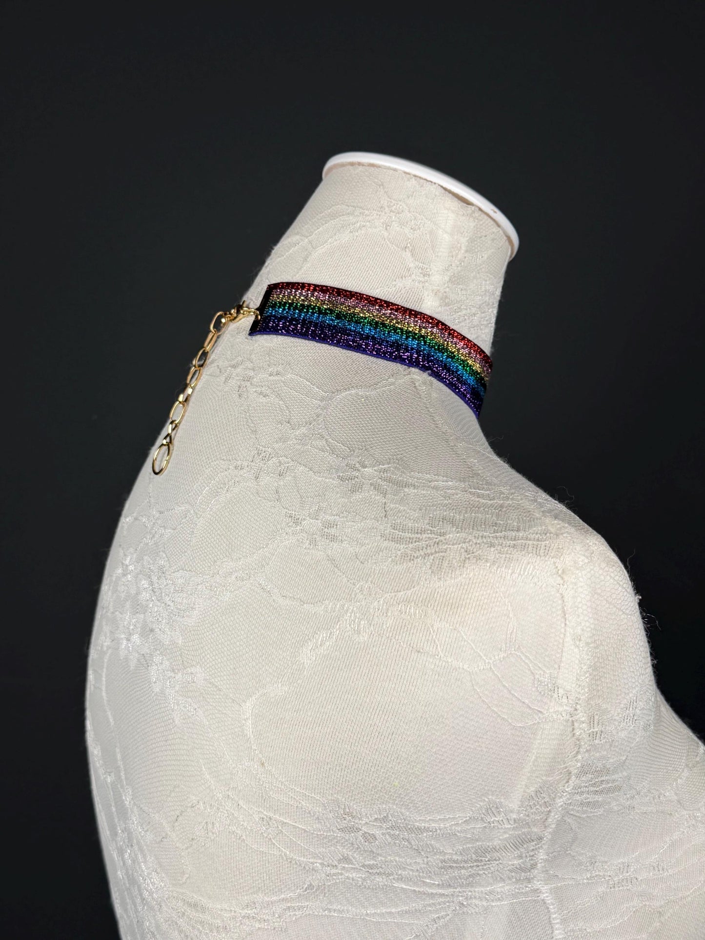 Rainbow Lurex Choker Necklace, 3/4" Wide, Stretchy Woven, Gold or Silver Hardware