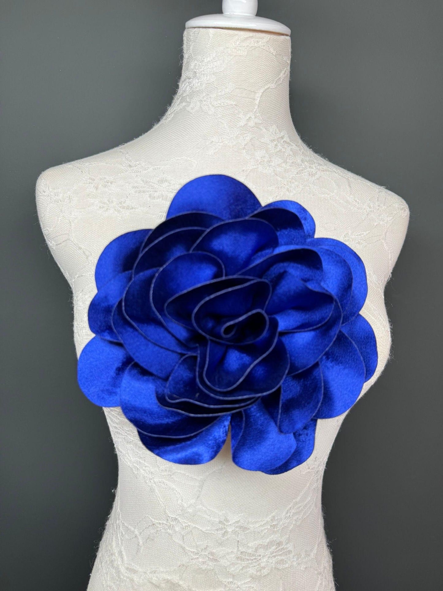 Large 3D Corsage Flower, Luxurious Satin Fabric, 12 Colours, 20cm, 8” Wide, Pin on, Bridal, Dress, Hair, Wedding, Race Day, Royal Blue