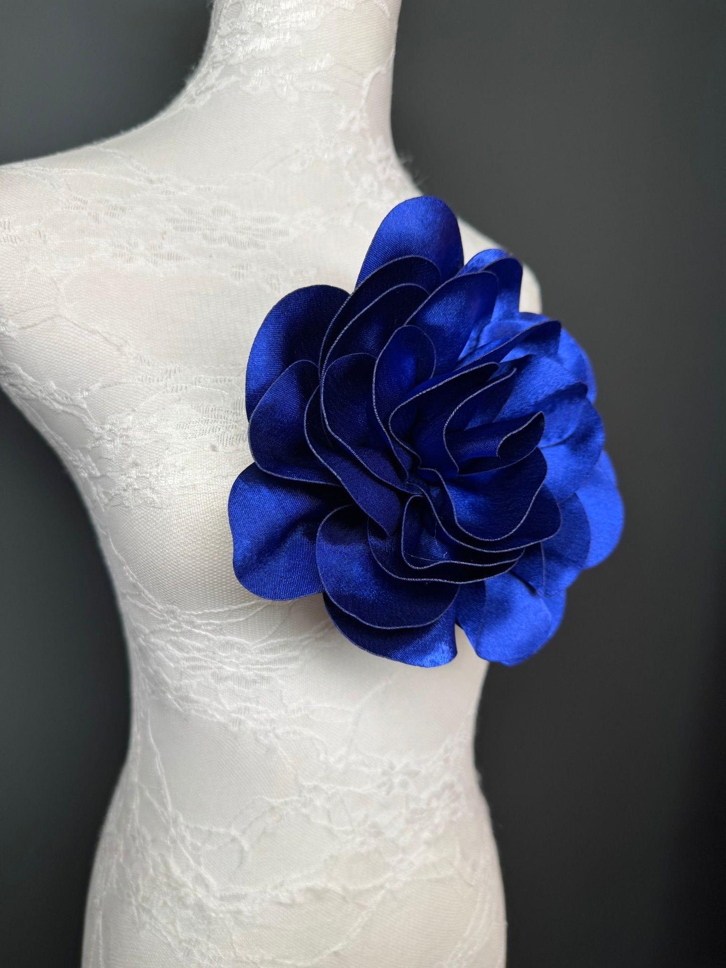 Large 3D Corsage Flower, Luxurious Satin Fabric, 12 Colours, 20cm, 8” Wide, Pin on, Bridal, Dress, Hair, Wedding, Race Day, Royal Blue