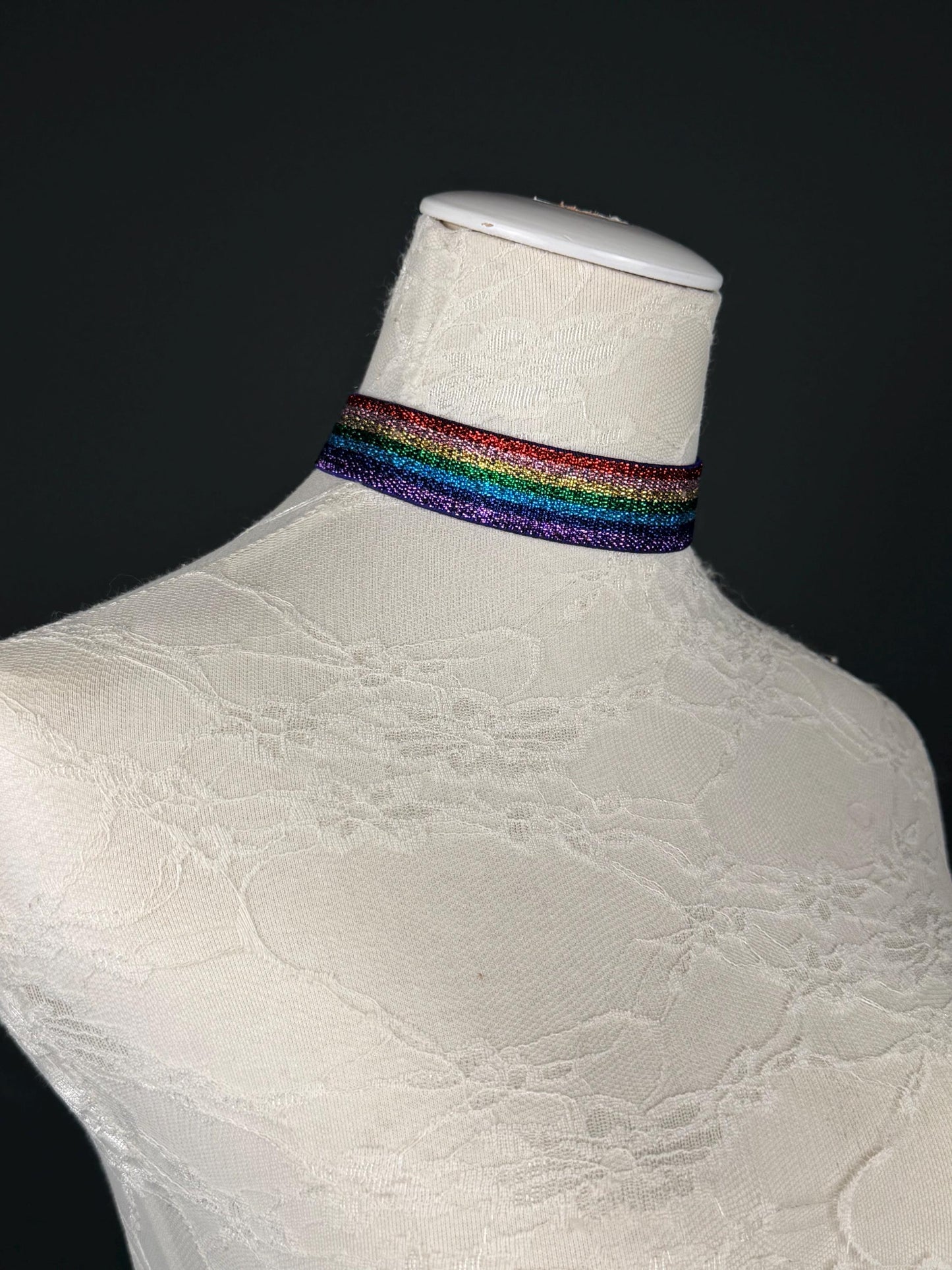 Rainbow Lurex Choker Necklace, 3/4" Wide, Stretchy Woven, Gold or Silver Hardware