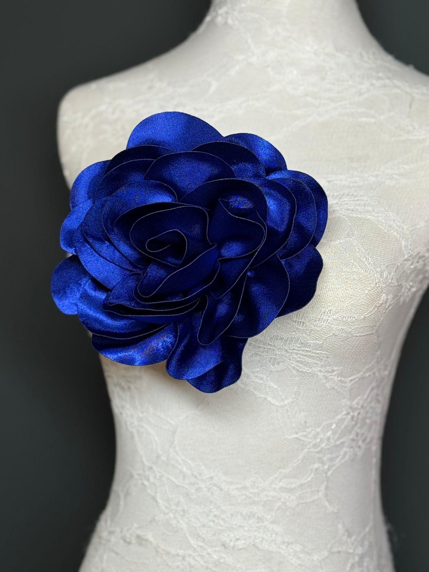 Large 3D Corsage Flower, Luxurious Satin Fabric, 12 Colours, 20cm, 8” Wide, Pin on, Bridal, Dress, Hair, Wedding, Race Day, Royal Blue
