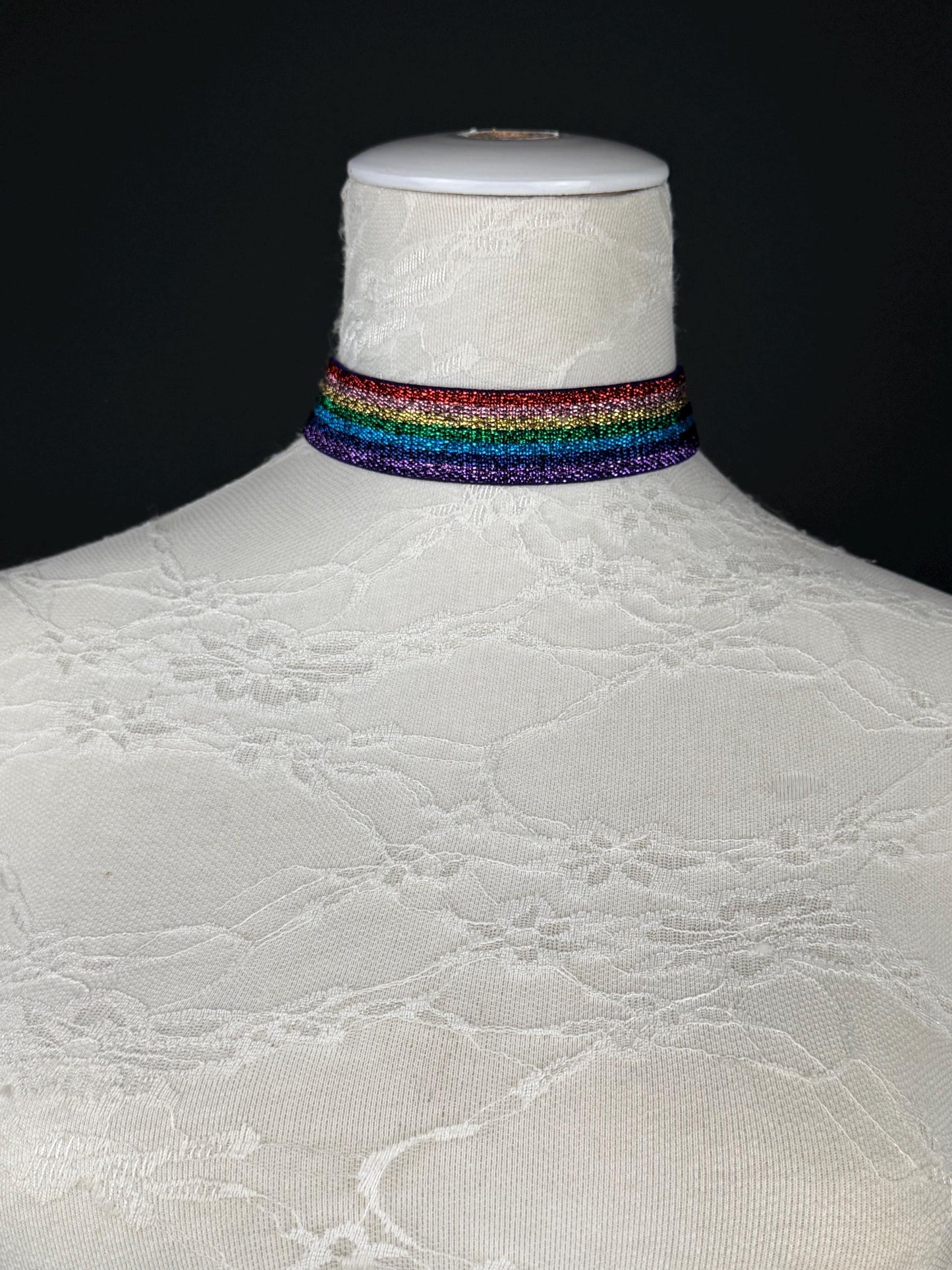 Rainbow Lurex Choker Necklace, 3/4" Wide, Stretchy Woven, Gold or Silver Hardware