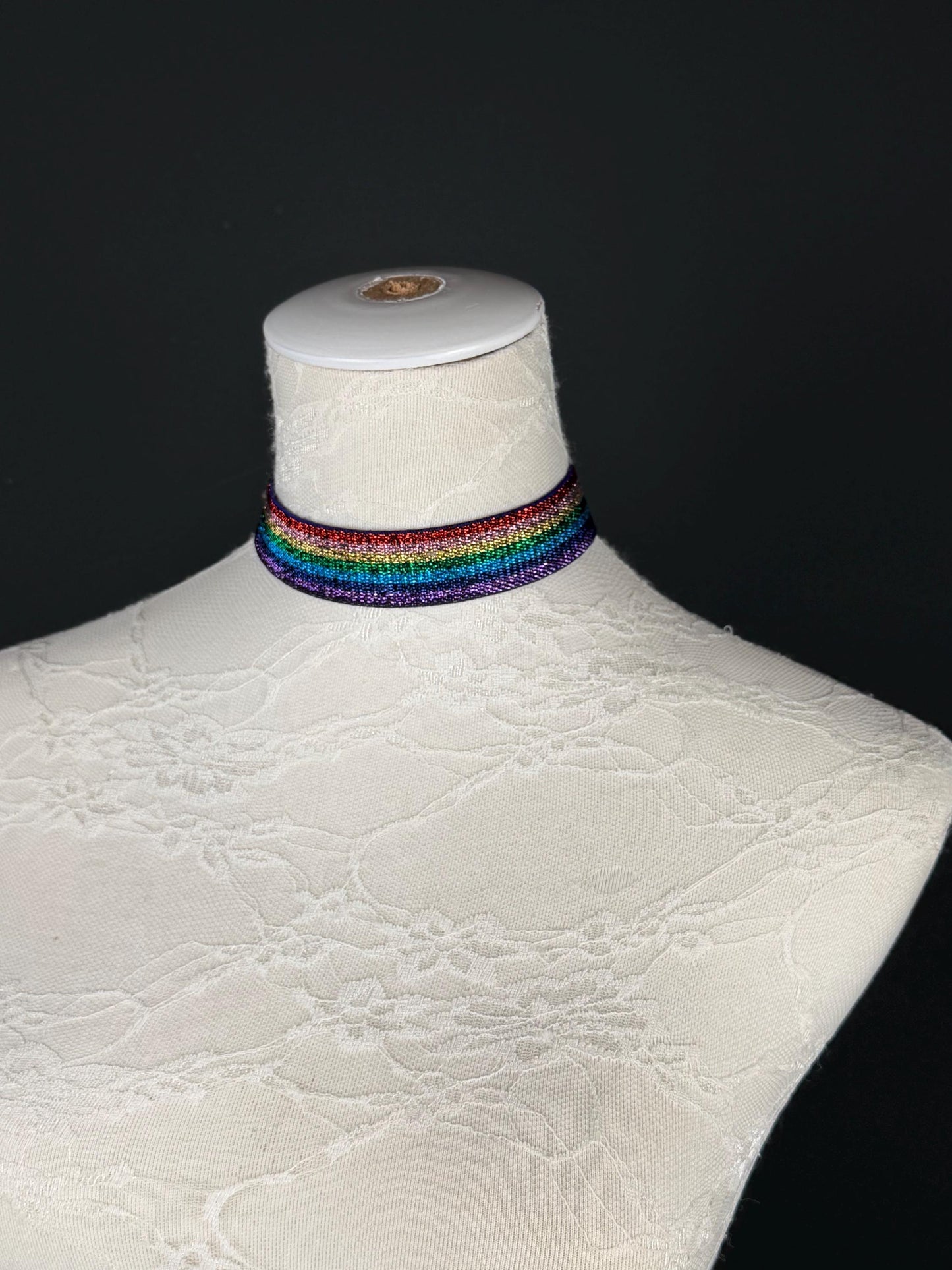 Rainbow Lurex Choker Necklace, 3/4" Wide, Stretchy Woven, Gold or Silver Hardware