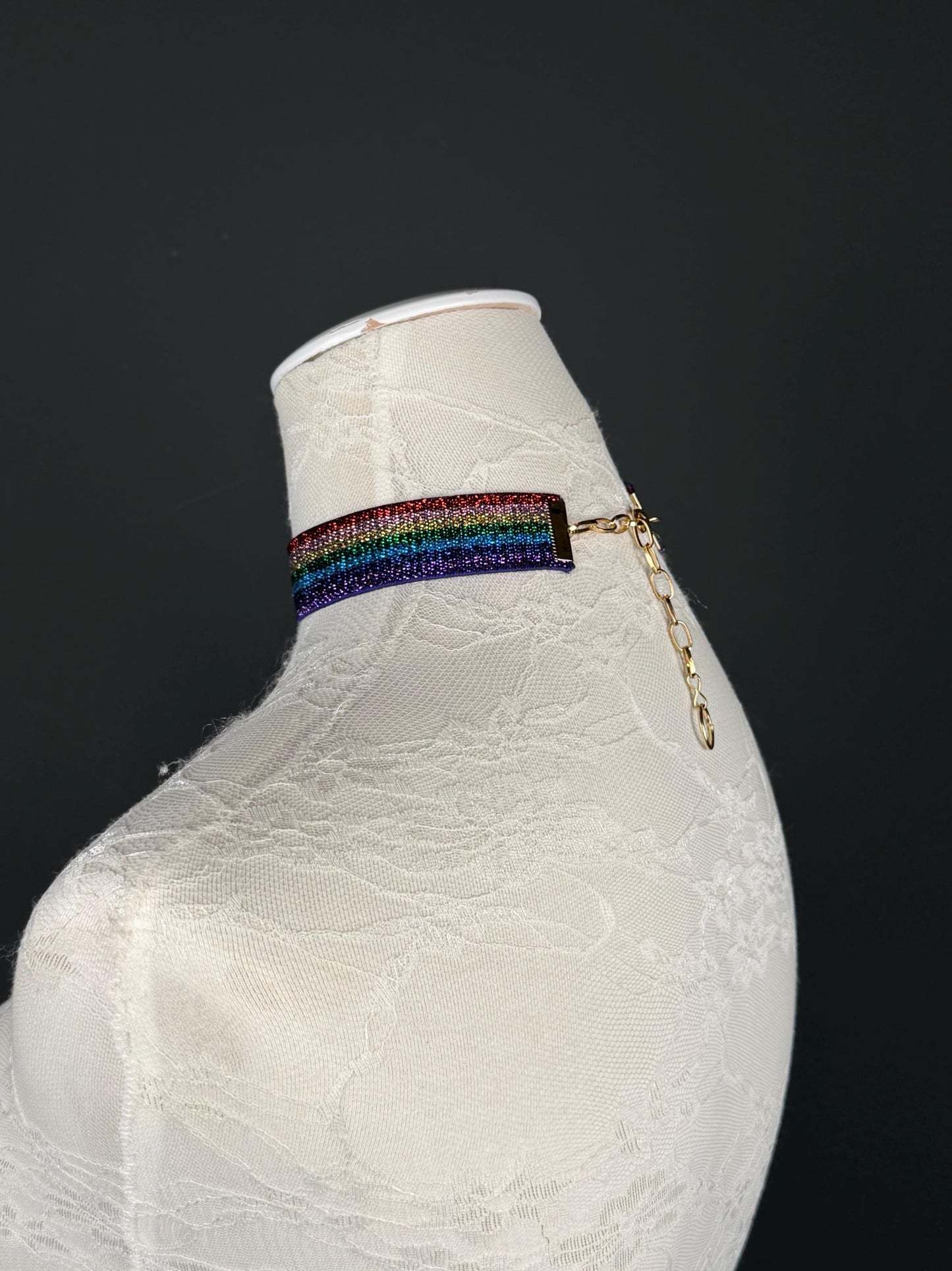 Rainbow Lurex Choker Necklace, 3/4" Wide, Stretchy Woven, Gold or Silver Hardware