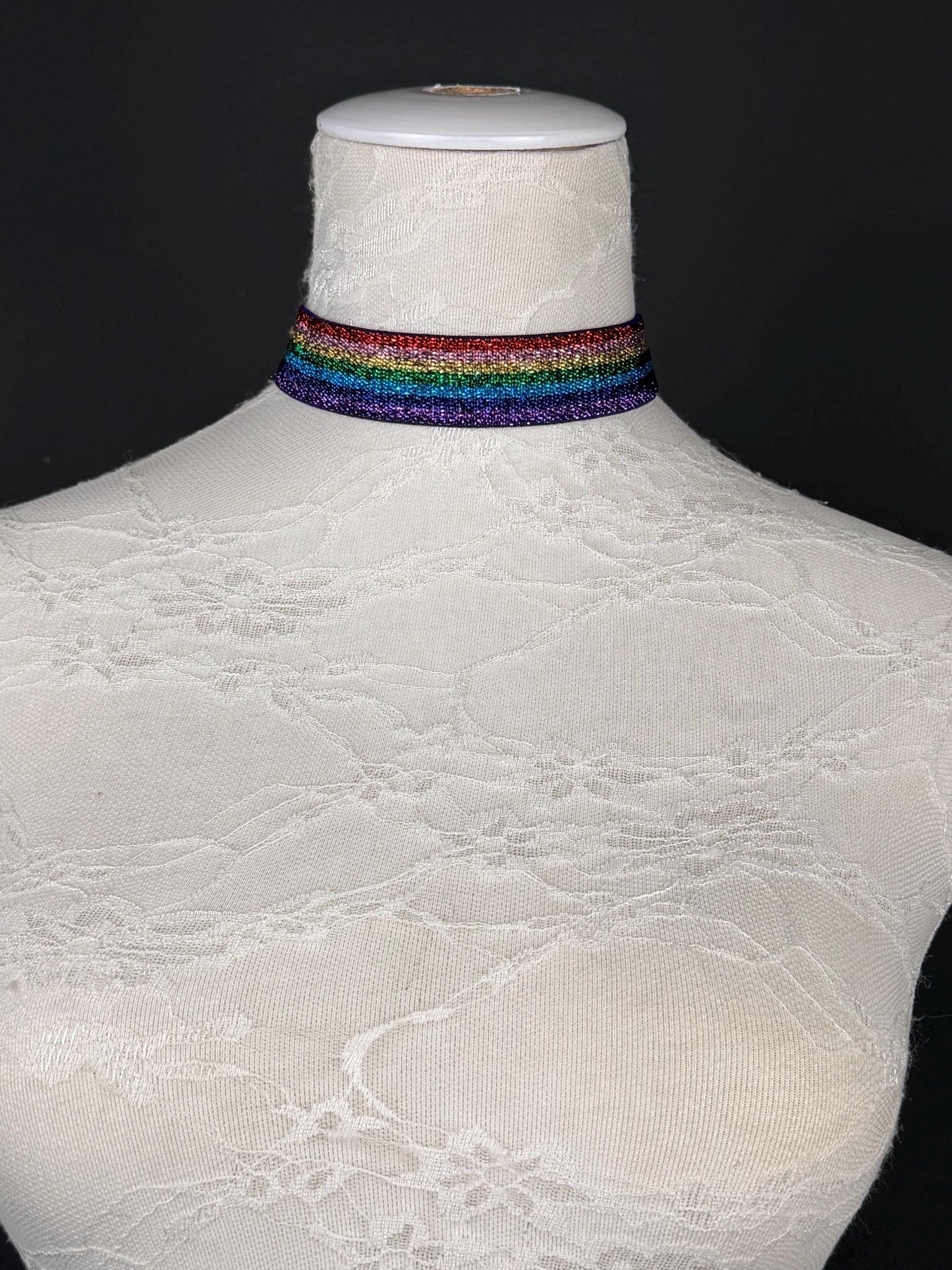 Rainbow Lurex Choker Necklace, 3/4" Wide, Stretchy Woven, Gold or Silver Hardware