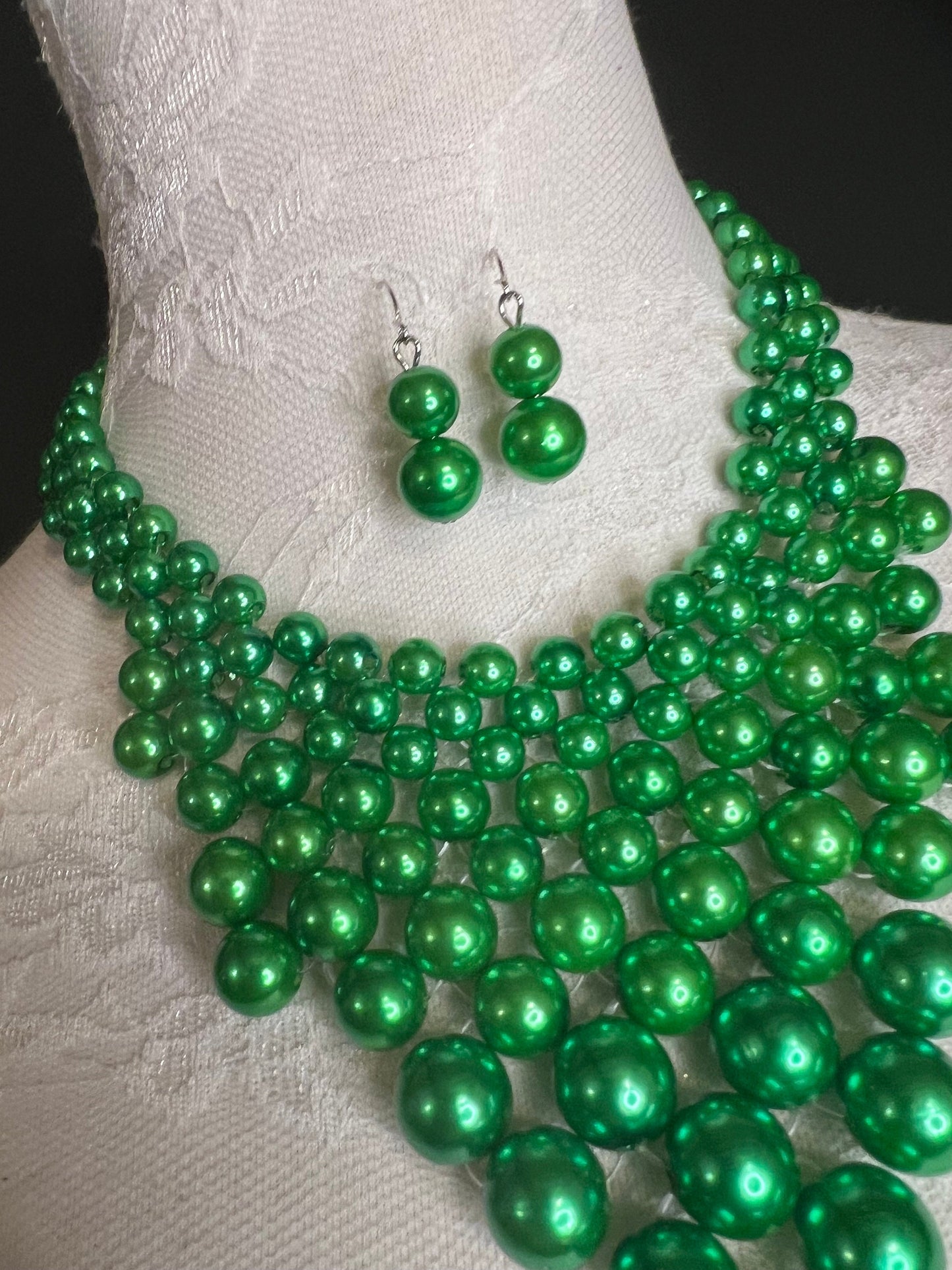 Green Beaded Pearl Necklace and Earring Set 7 colours