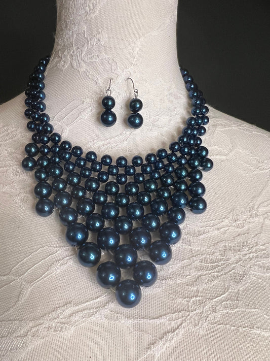 Navy Beaded Pearl Necklace and Earring Set 7 colours