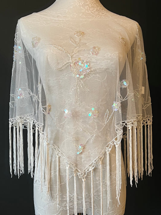 Cream Beaded Sequin and Fringe Poncho