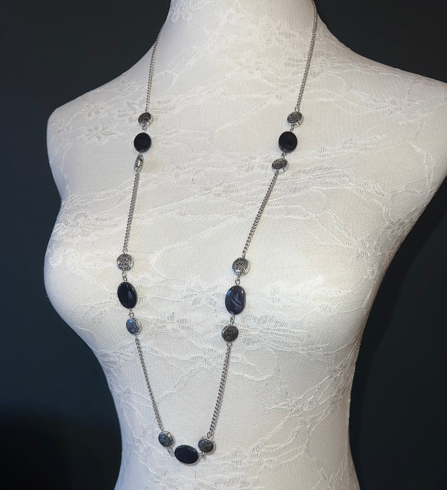 Delicate Black Silver Beaded Necklace