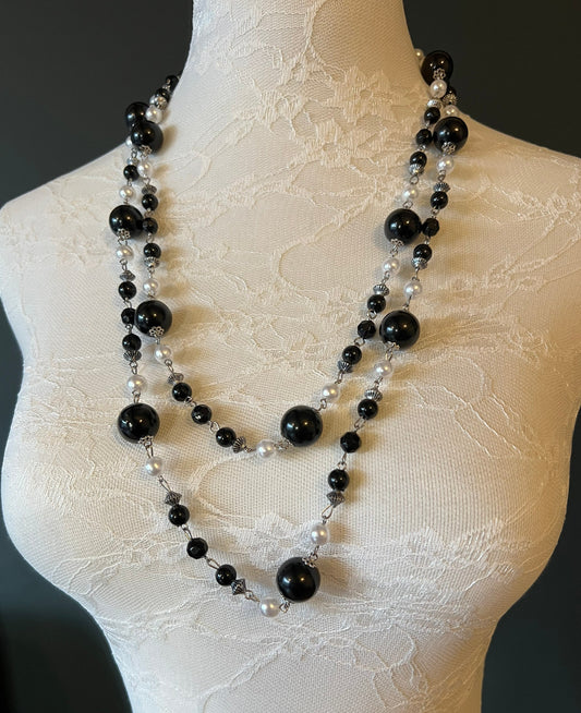 Doubled Black and White Bead Necklace