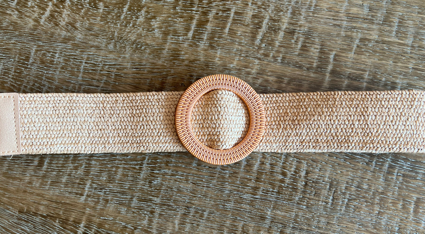 Woven Raffia Stretch Belt with Flat Stitch Effect Buckle