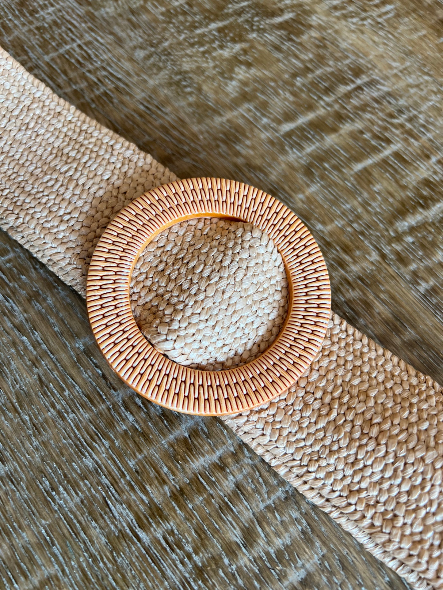 Woven Raffia Stretch Belt with Flat Stitch Effect Buckle