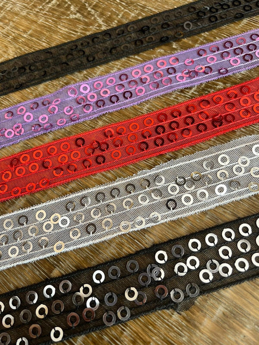 3cm Wide Sequins Mesh Trimmings, Circle Sequins On Mesh, 5 Colours