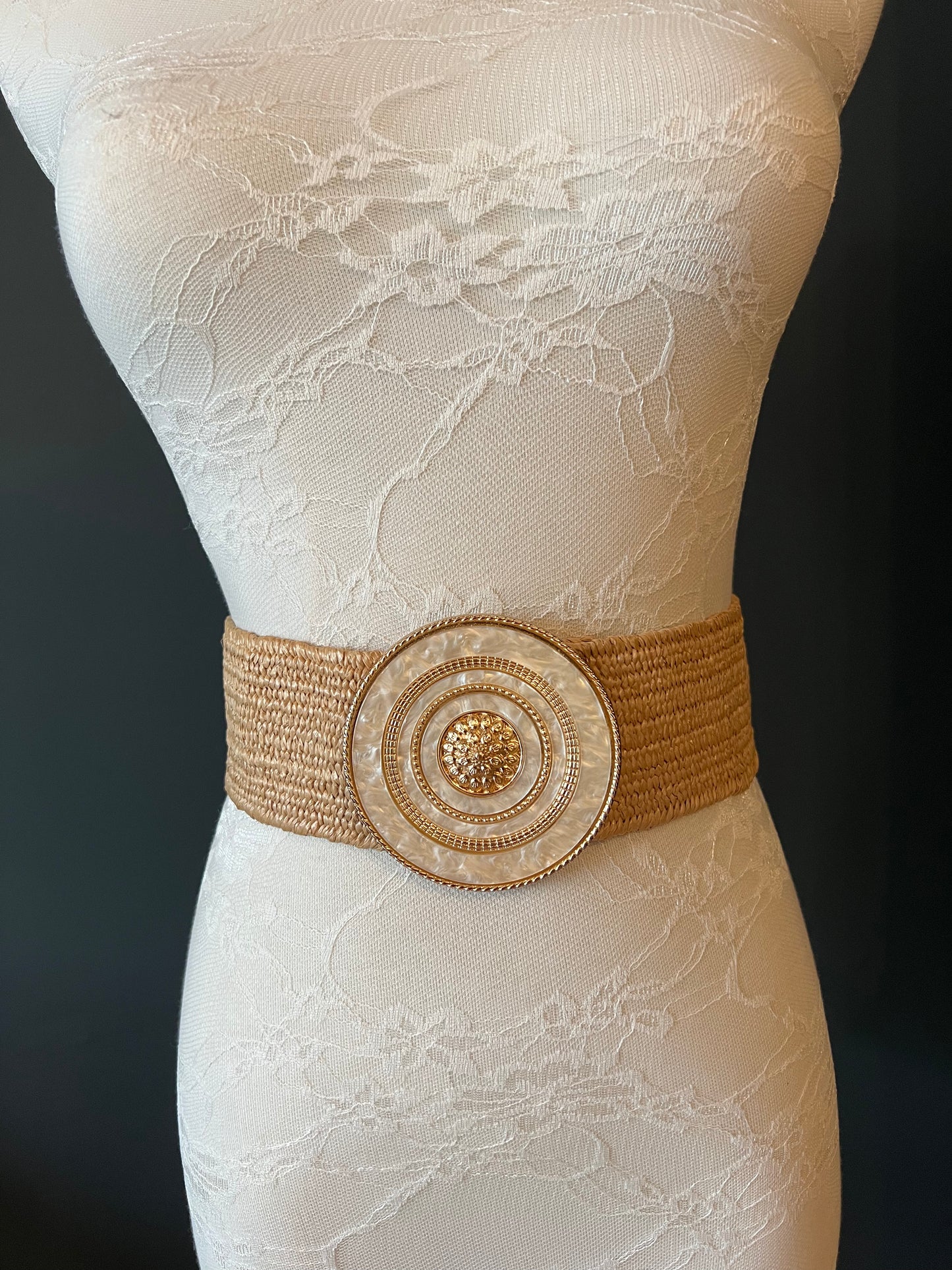 Raffia Stretch Belt with Circular Detailed Buckle