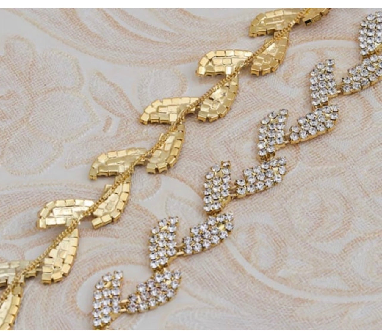 Rhinestone Leaf, Silver, Gold Chain Trim